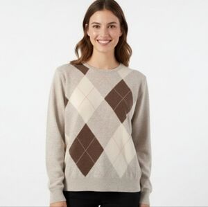 Vintage Pringle of Scotland Lambswool Argyle Sweater GEELONG Diamond Beige Brown